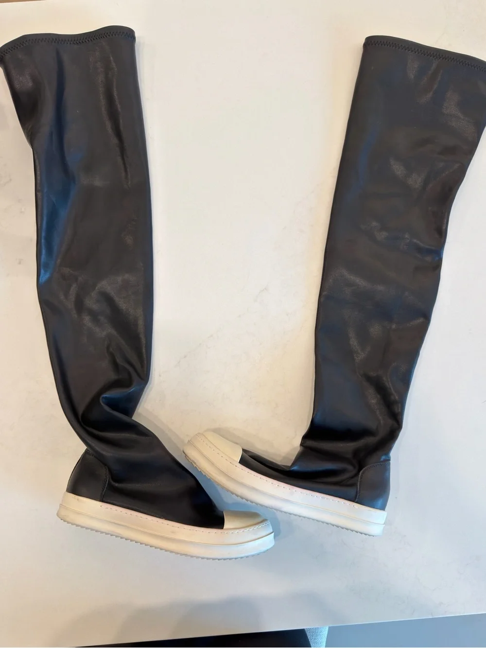 Rick Owens Black Over-the-Knee Slip-On Leather Boots with White Sole